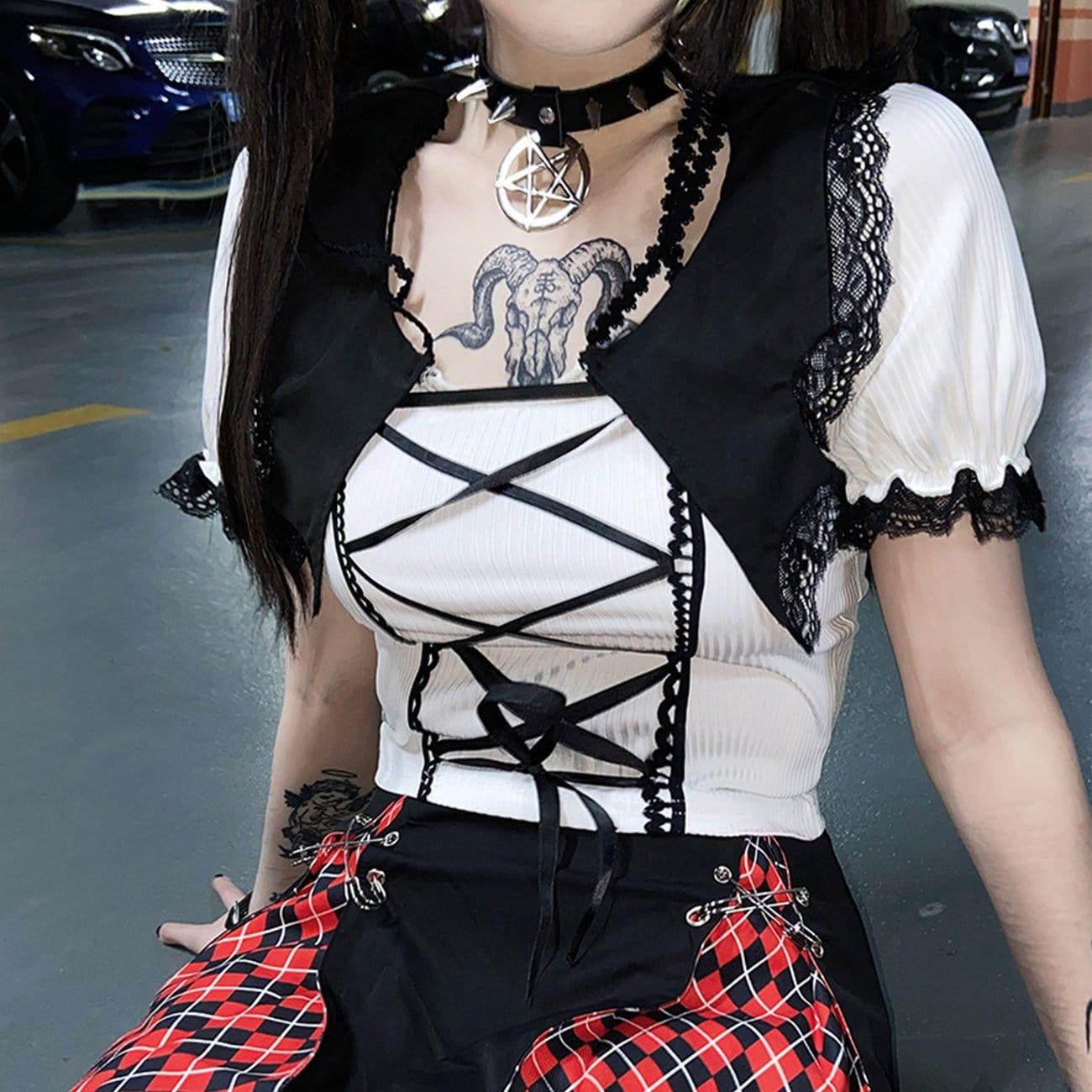 Lace Patchwork Straps Short Sleeve T Shirt