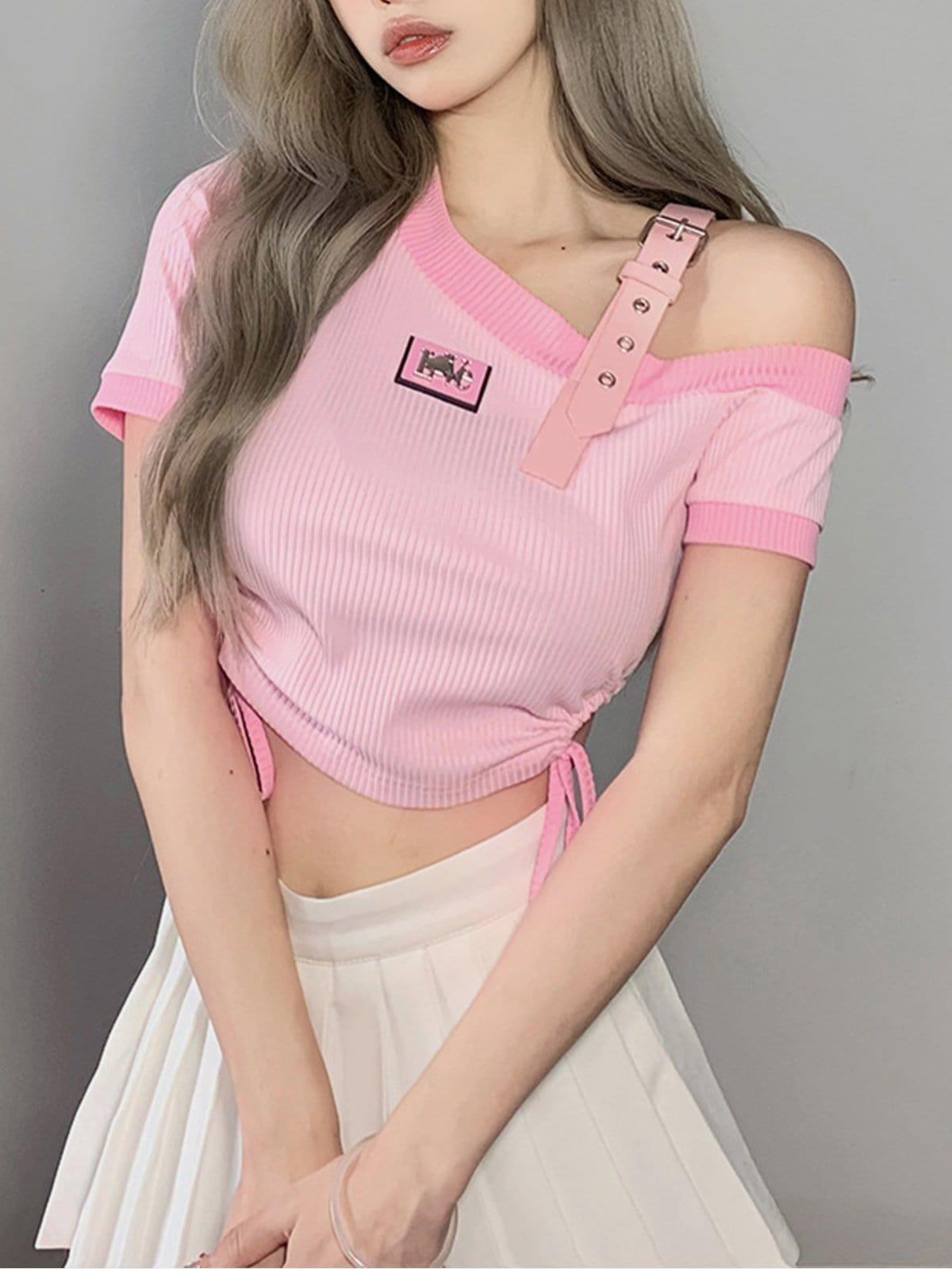 Irregular Shoulder Strap Short Sleeve T Shirt