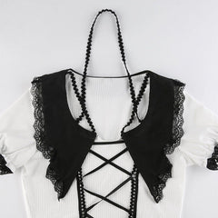 Lace Patchwork Straps Short Sleeve T Shirt