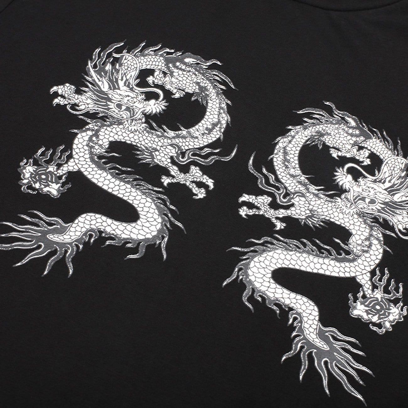 Dark Double Dragon Print Cropped Long Sleeve T Shirt