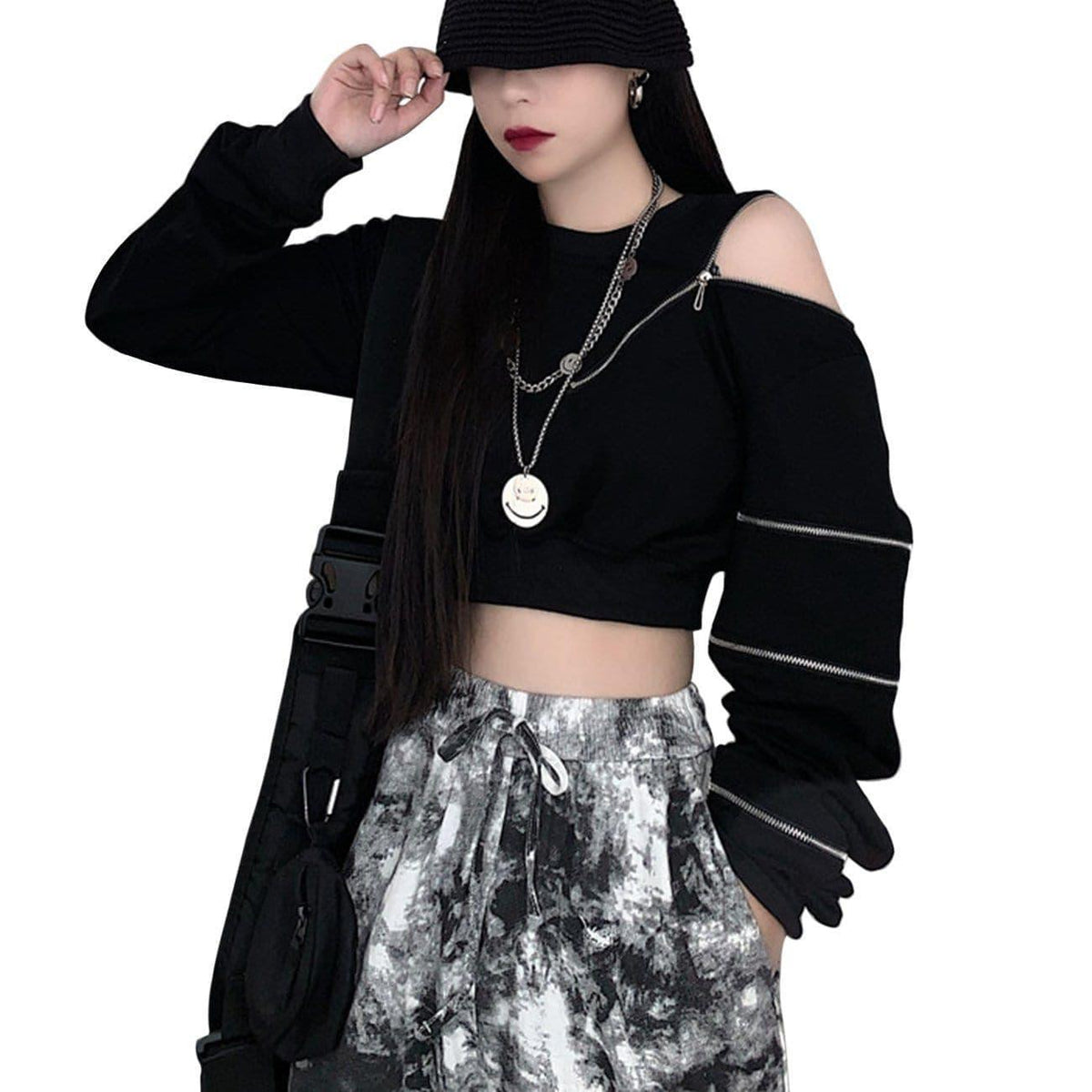 Dark Zipper Strapless Cropped Sweatshirt