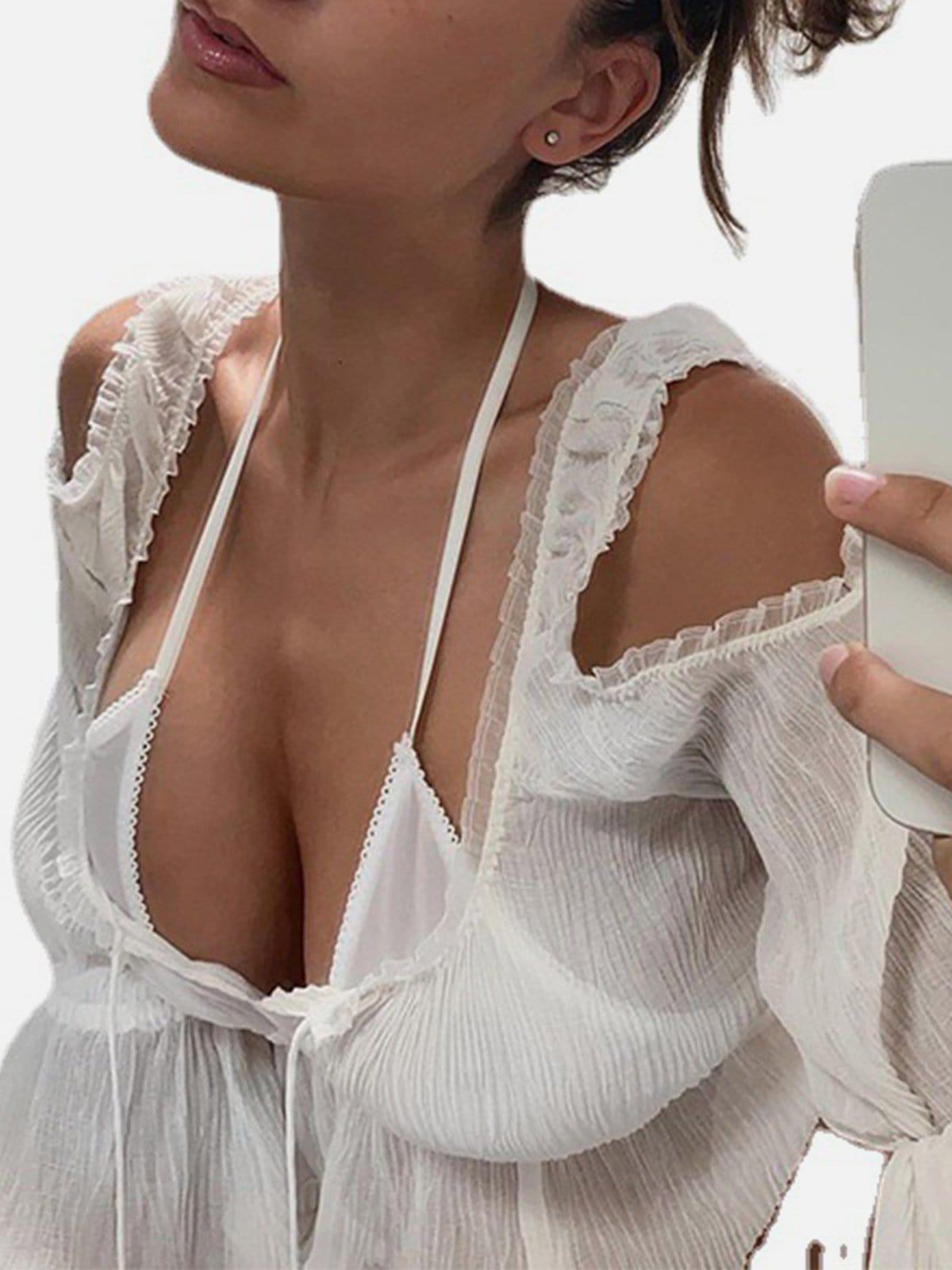 Irregular Splicing Tie Long Sleeve T Shirt
