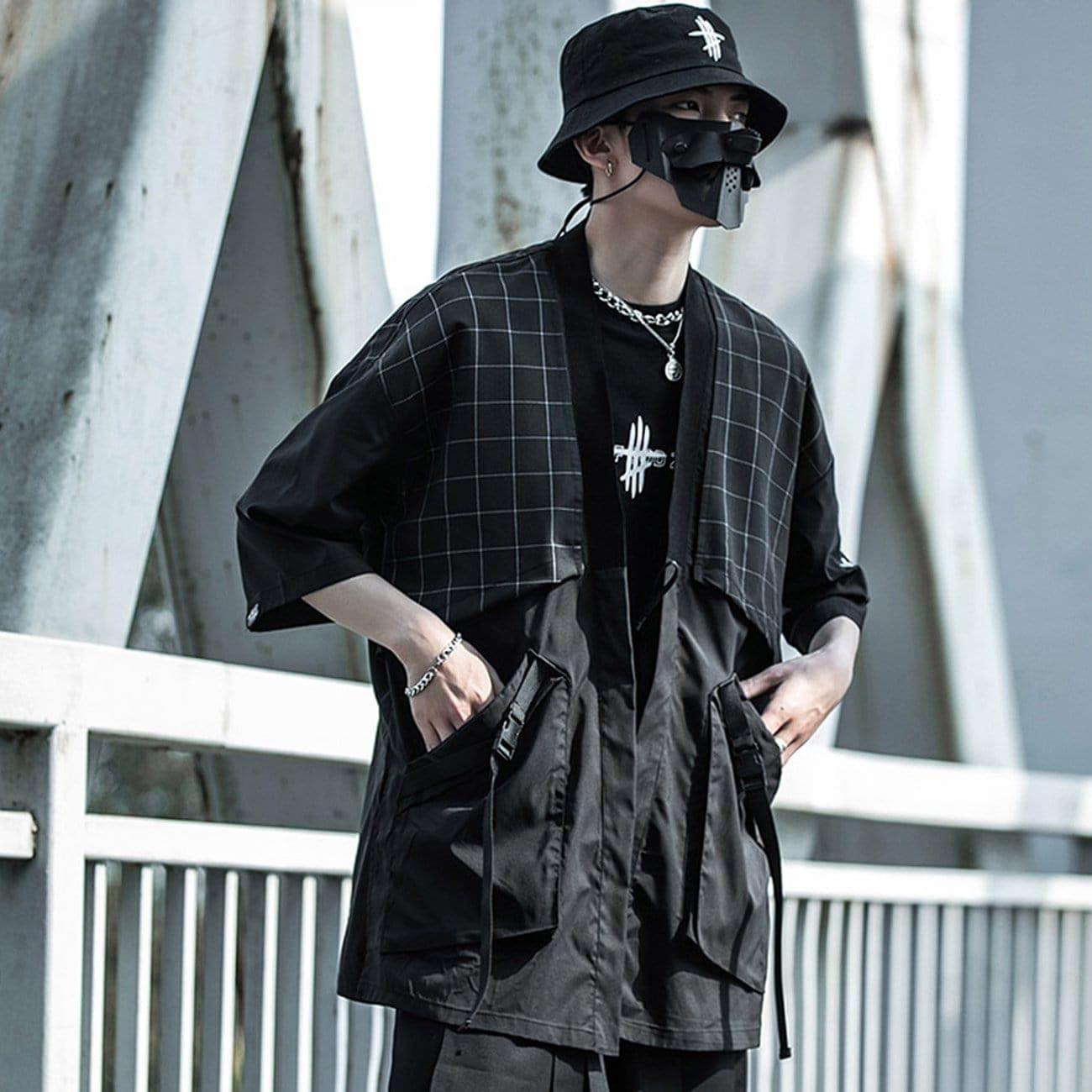 Functional Vintage Plaid Patchwork Robe Cardigan Jacket