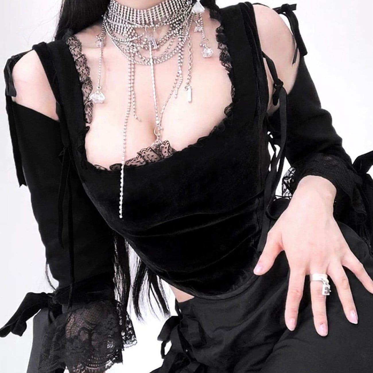 Dark Design Lace Vest Flared Sleeve Long Sleeve T-shirt