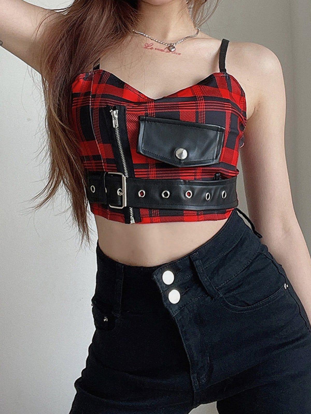 PU Buckle Patchwork Plaid Vest