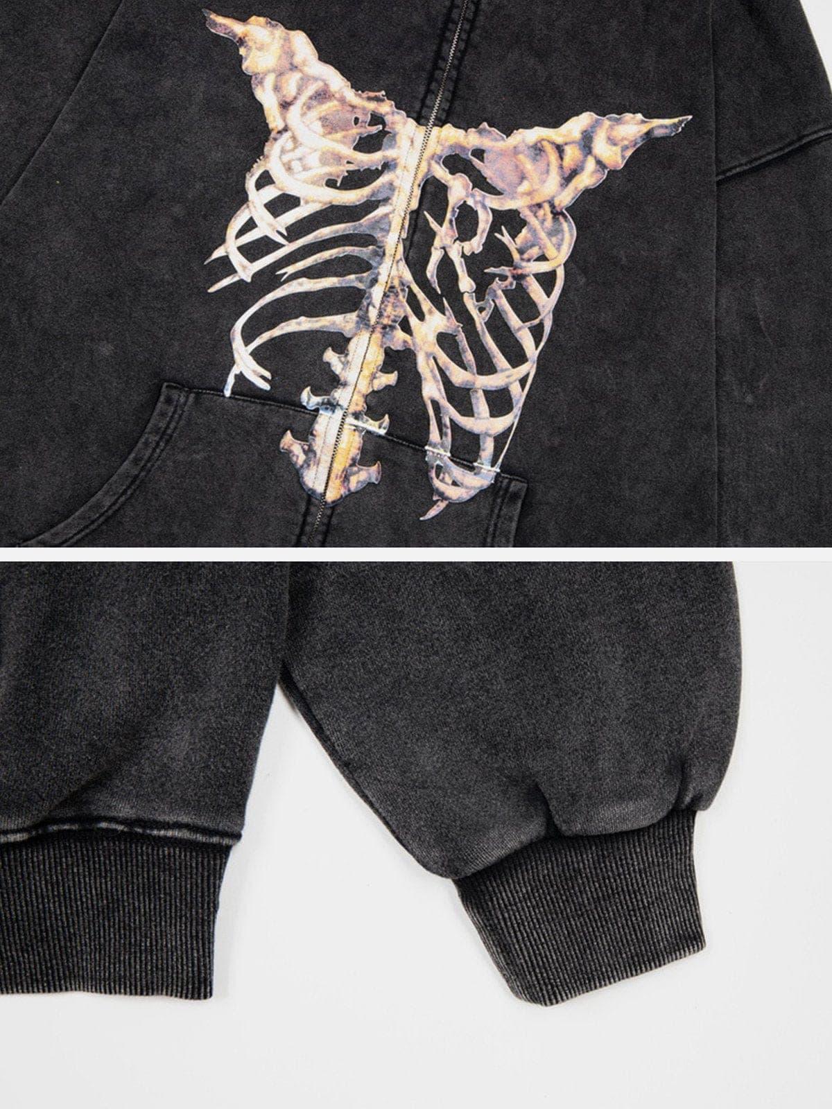 Washed Skeleton Pattern Zip Up Hoodie