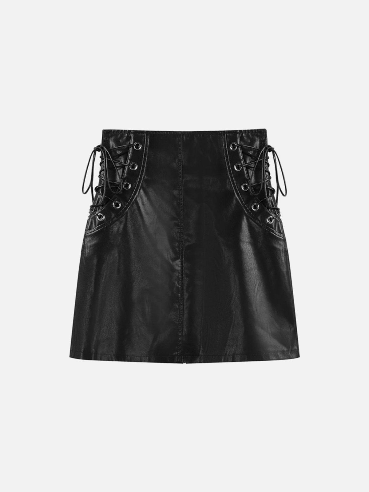Side Straps Zip Up PU Skirt