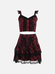 Plaid Lace Pleated Skirt Suit
