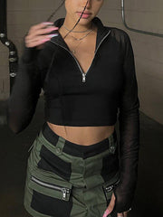 Mesh Nipped Waist Long Sleeve T Shirts
