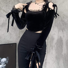 Dark Design Lace Vest Flared Sleeve Long Sleeve T-shirt