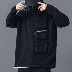 Dark Functional Multi-pocket Turtleneck Sweatshirt