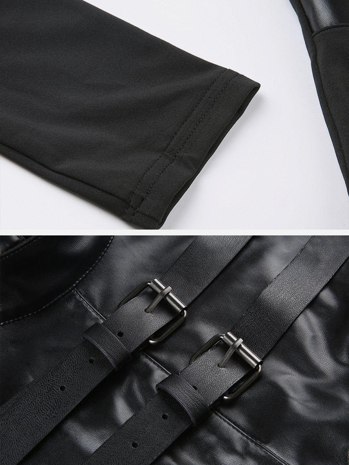 Leather Panel Metal Buckle Long Sleeve T Shirt