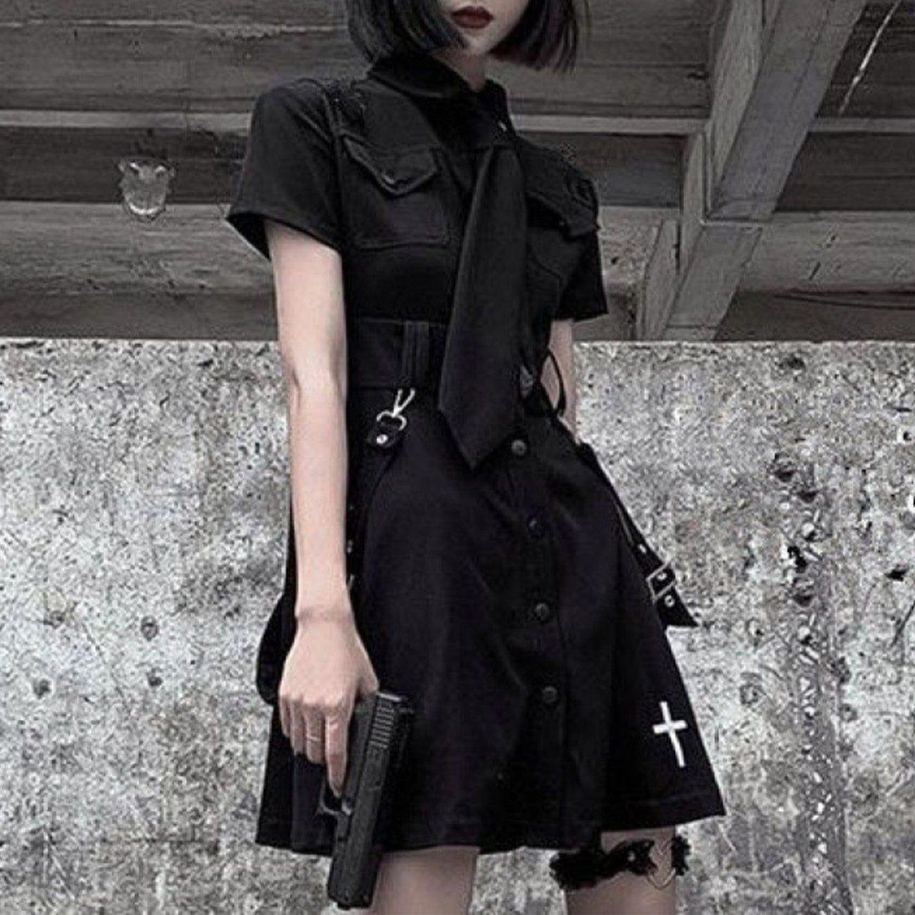 Dark Punk Cross Embroidery Tie Ribbons Dress