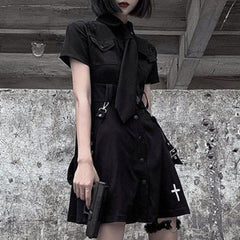 Dark Punk Cross Embroidery Tie Ribbons Dress