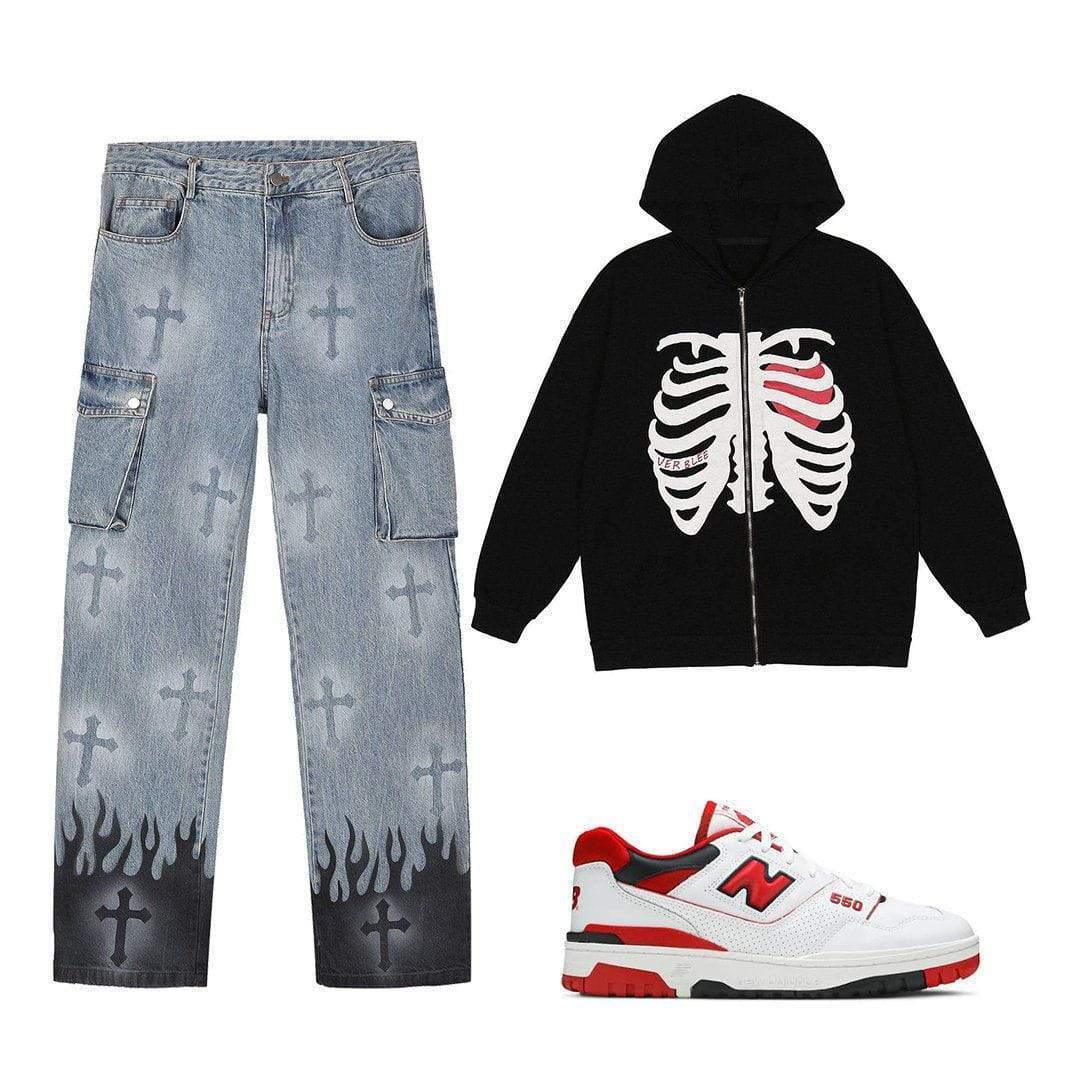 Heart Skull Pattern Zipper Hoodie