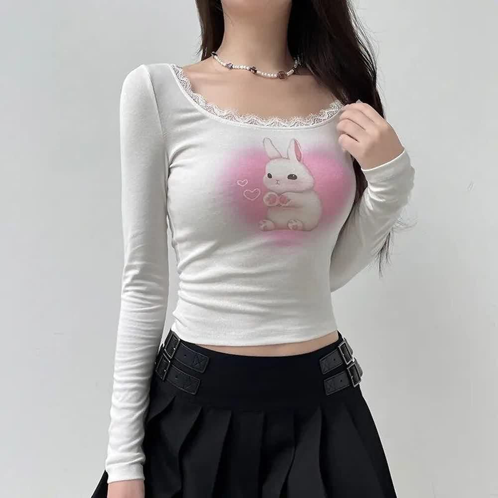 Kawaii Coquette Langarm-Crop-Top mit Spitzenbesatz