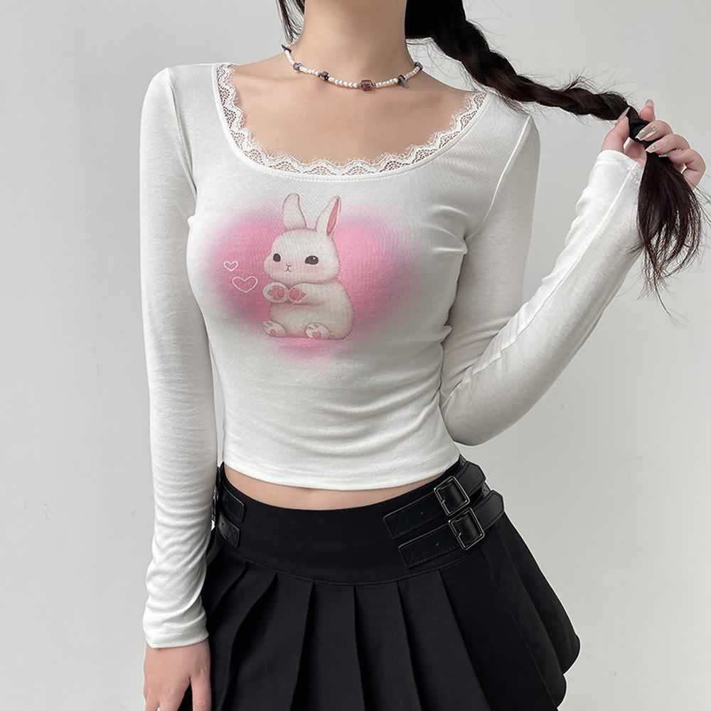 Kawaii Coquette Langarm-Crop-Top mit Spitzenbesatz