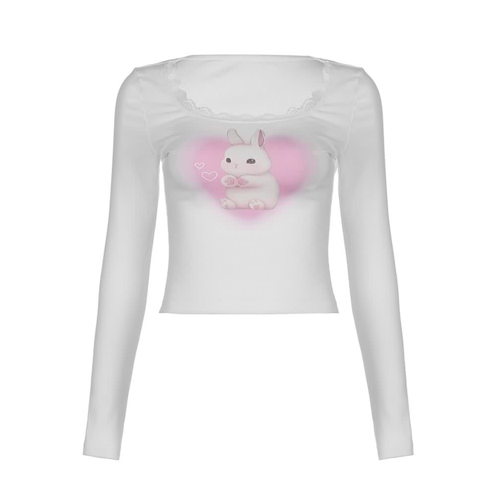 Kawaii Coquette Langarm-Crop-Top mit Spitzenbesatz