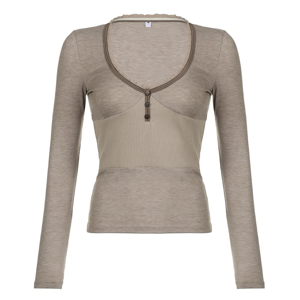 Khaki Deep V-neck Long Sleeve Top