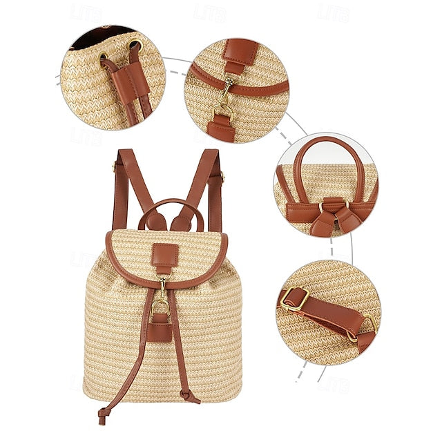 â€?Women Woven Boho Bag with Rattan for Travel Straw Backpack