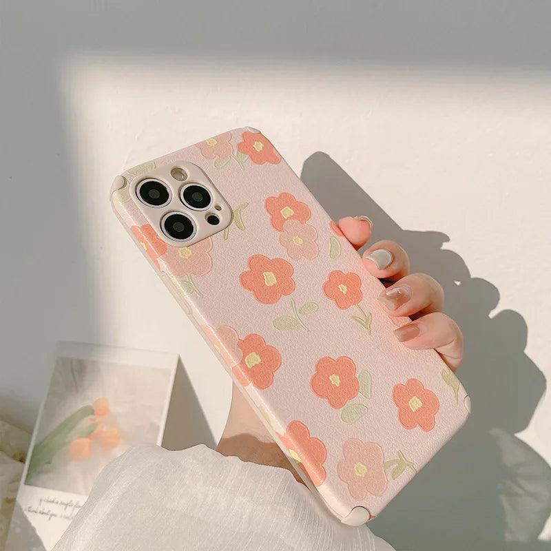 leather Pinky Flowers Cute Phone Cases For iPhone 13 12 11 Pro Max X Xs Max Xr 7 8 Plus SE 2020