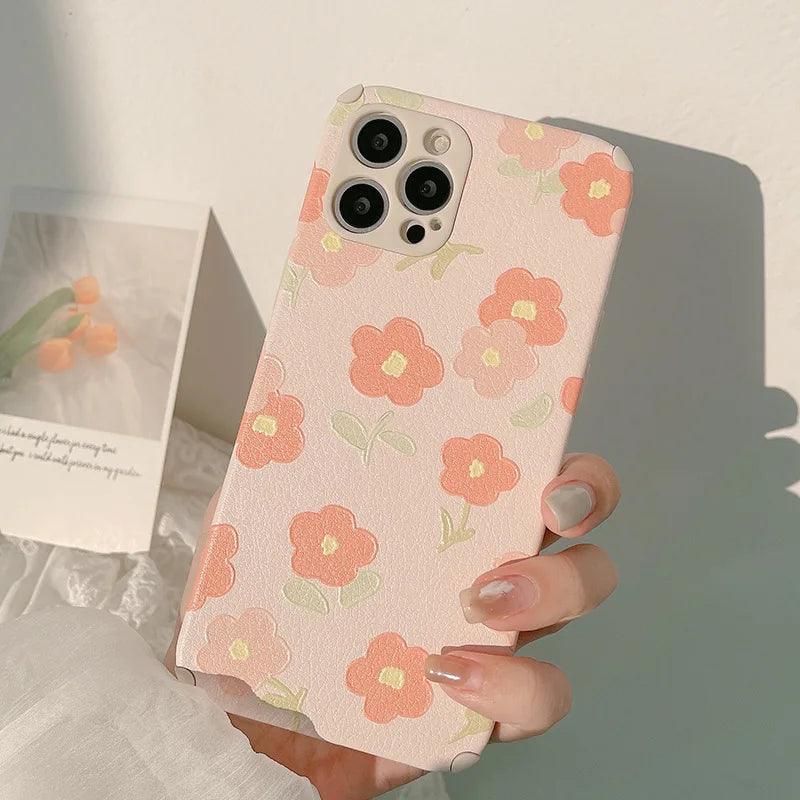 leather Pinky Flowers Cute Phone Cases For iPhone 13 12 11 Pro Max X Xs Max Xr 7 8 Plus SE 2020