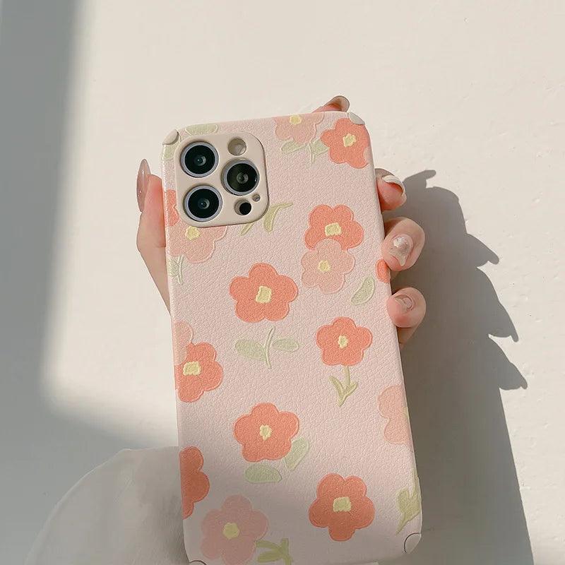 leather Pinky Flowers Cute Phone Cases For iPhone 13 12 11 Pro Max X Xs Max Xr 7 8 Plus SE 2020