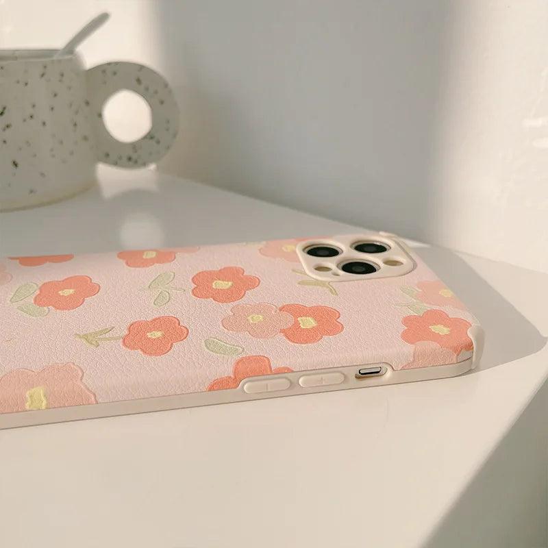 leather Pinky Flowers Cute Phone Cases For iPhone 13 12 11 Pro Max X Xs Max Xr 7 8 Plus SE 2020