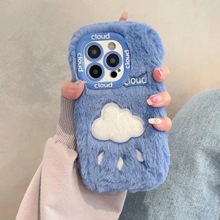 Lovely White Blue Clouds Plush Cute Phone Case for iPhone 11-15 Pro Max and 15 Plus