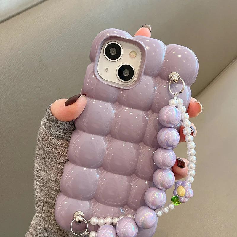 Luxury Pearl Lanyard Chain 3D Ice Lattice Cute Phone Case for iPhone 13 Pro Max, 15, 14, 11, and 12