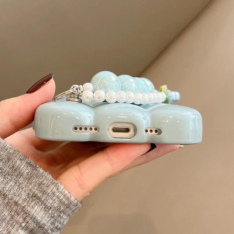 Luxury Pearl Lanyard Chain 3D Ice Lattice Cute Phone Case for iPhone 13 Pro Max, 15, 14, 11, and 12