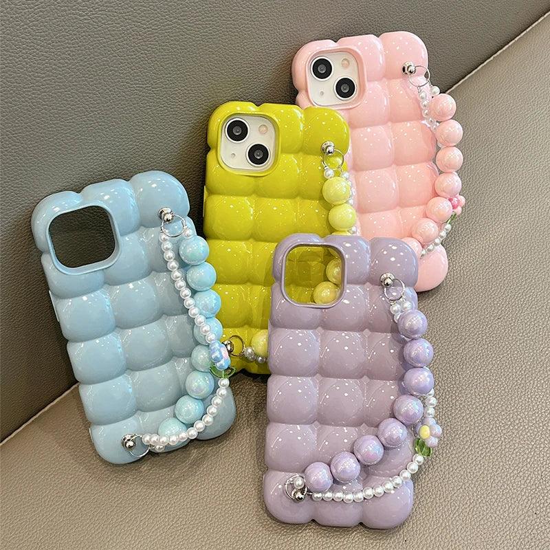 Luxury Pearl Lanyard Chain 3D Ice Lattice Cute Phone Case for iPhone 13 Pro Max, 15, 14, 11, and 12