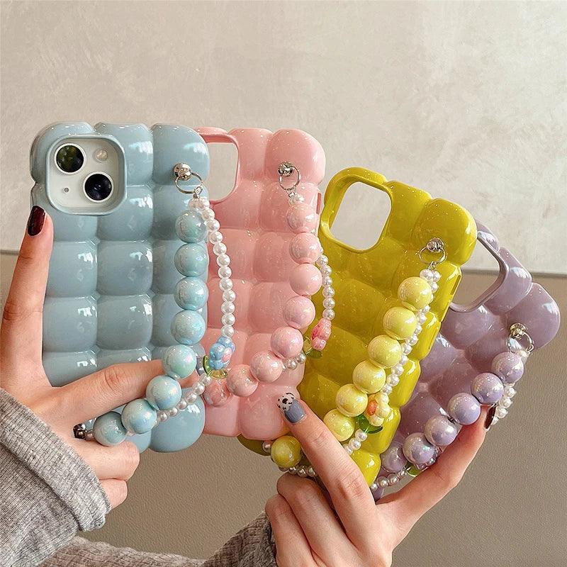 Luxury Pearl Lanyard Chain 3D Ice Lattice Cute Phone Case for iPhone 13 Pro Max, 15, 14, 11, and 12