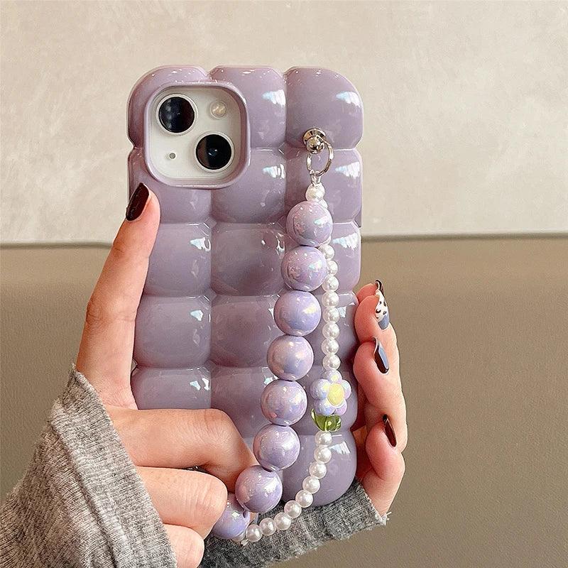 Luxury Pearl Lanyard Chain 3D Ice Lattice Cute Phone Case for iPhone 13 Pro Max, 15, 14, 11, and 12