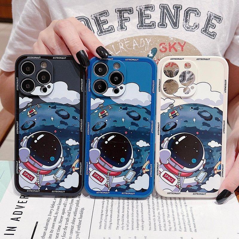 Luxury Shockproof Silicone Bumper Cute Phone Case for iPhone 13, 12, 11, 14 Pro Max, XS, X, XR, 8, 7, Plus, SE (2020) - Space Astronaut Design