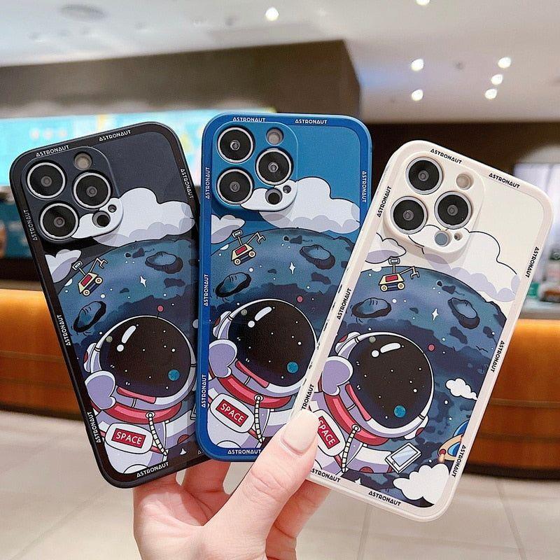 Luxury Shockproof Silicone Bumper Cute Phone Case for iPhone 13, 12, 11, 14 Pro Max, XS, X, XR, 8, 7, Plus, SE (2020) - Space Astronaut Design