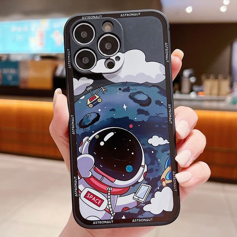 Luxury Shockproof Silicone Bumper Cute Phone Case for iPhone 13, 12, 11, 14 Pro Max, XS, X, XR, 8, 7, Plus, SE (2020) - Space Astronaut Design