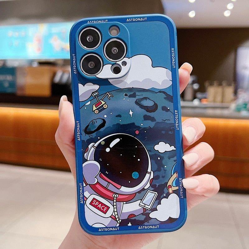 Luxury Shockproof Silicone Bumper Cute Phone Case for iPhone 13, 12, 11, 14 Pro Max, XS, X, XR, 8, 7, Plus, SE (2020) - Space Astronaut Design