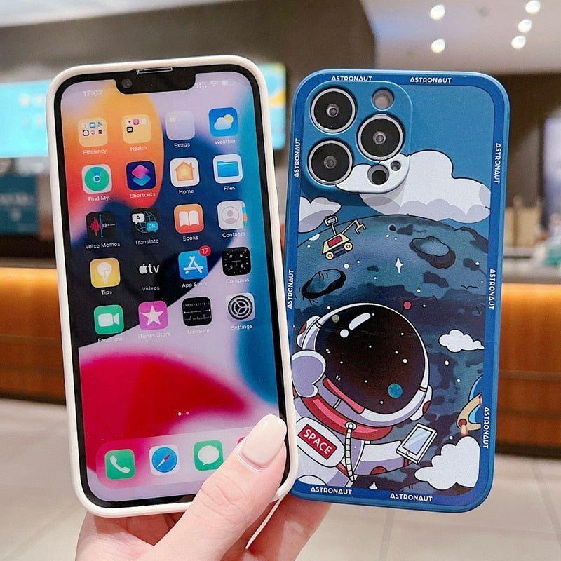 Luxury Shockproof Silicone Bumper Cute Phone Case for iPhone 13, 12, 11, 14 Pro Max, XS, X, XR, 8, 7, Plus, SE (2020) - Space Astronaut Design