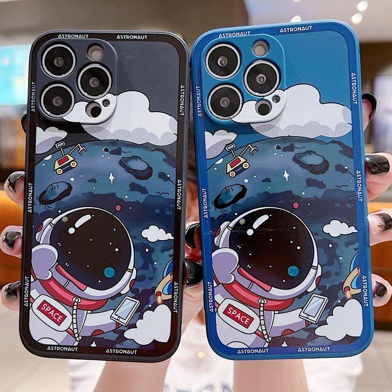 Luxury Shockproof Silicone Bumper Cute Phone Case for iPhone 13, 12, 11, 14 Pro Max, XS, X, XR, 8, 7, Plus, SE (2020) - Space Astronaut Design