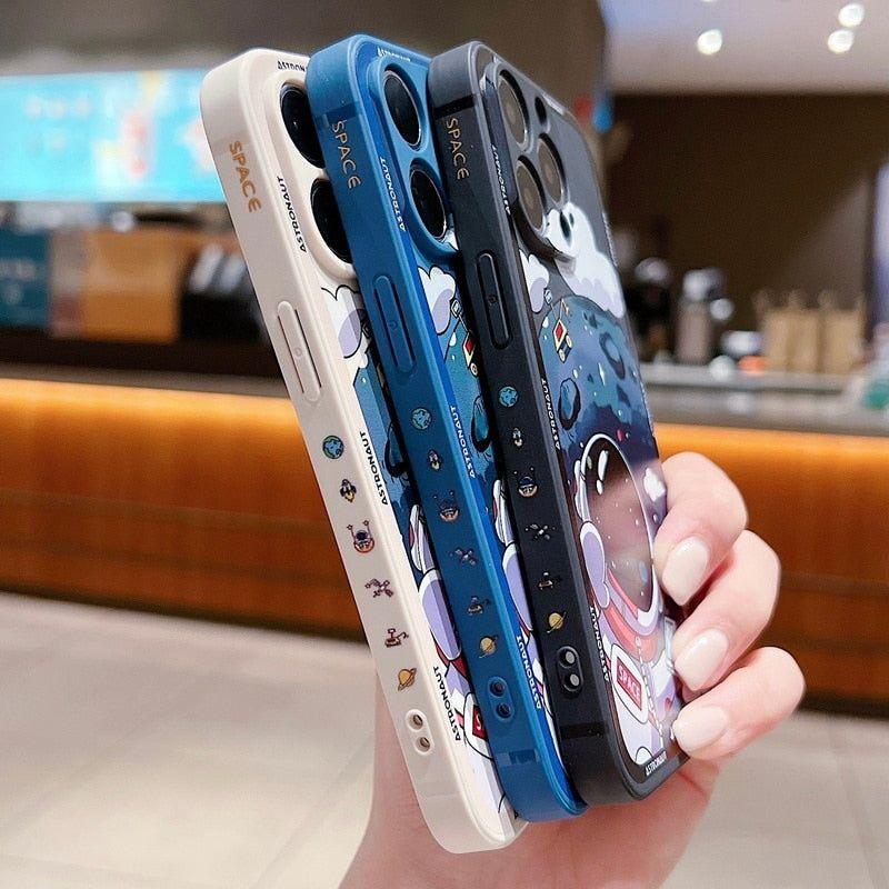 Luxury Shockproof Silicone Bumper Cute Phone Case for iPhone 13, 12, 11, 14 Pro Max, XS, X, XR, 8, 7, Plus, SE (2020) - Space Astronaut Design