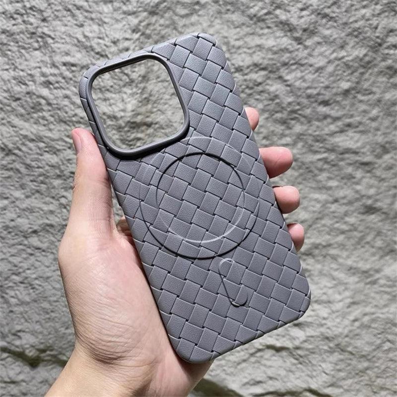 Luxury Weaving Grid Braided Mesh Leather Phone Case for iPhone 15 13, 14 Pro Max - Cute Design