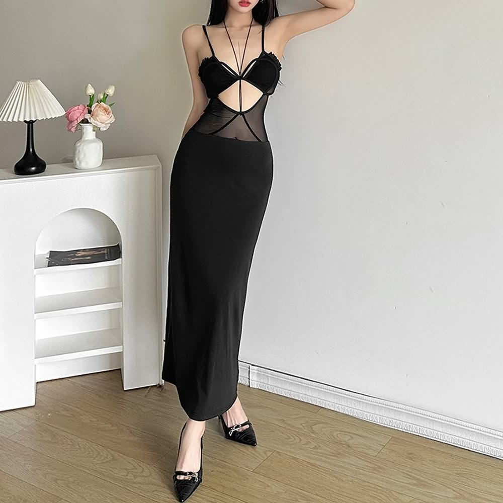 Mesh Cut Out Spaghetti Strap Maxi Dress