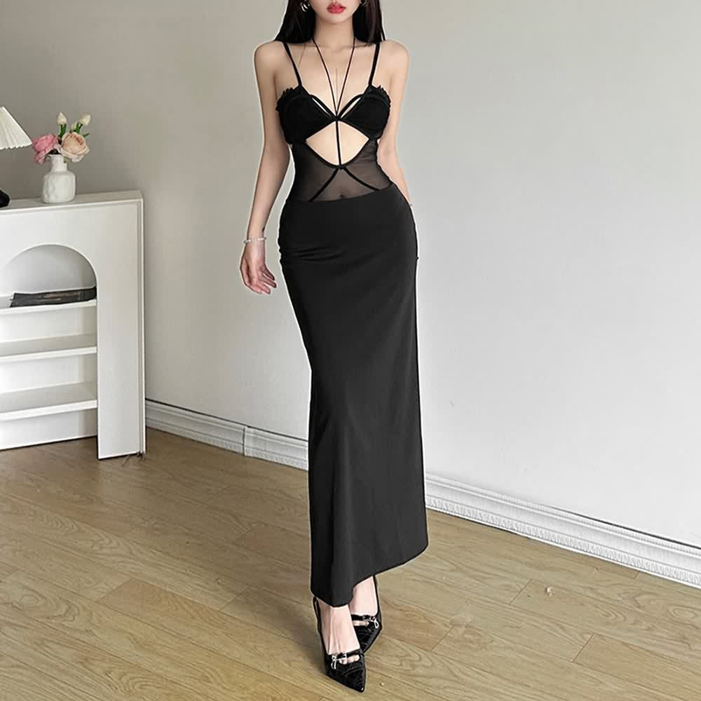 Mesh Cut Out Spaghetti Strap Maxi Dress