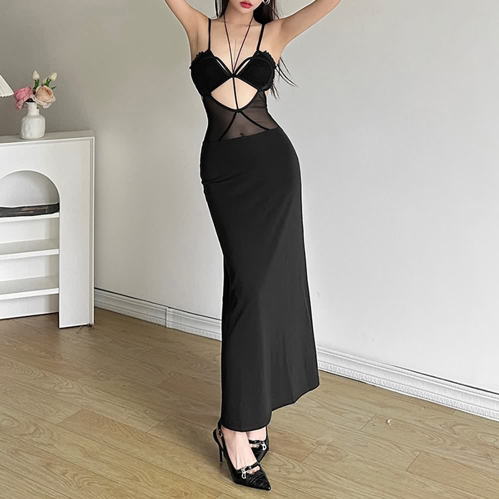 Mesh Cut Out Spaghetti Strap Maxi Dress