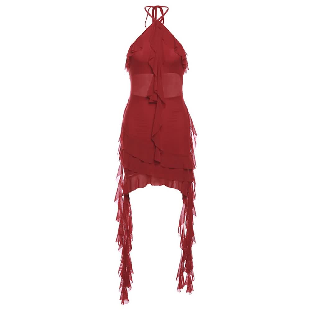 Mesh Halter Ruffle Tiered Mini Dress