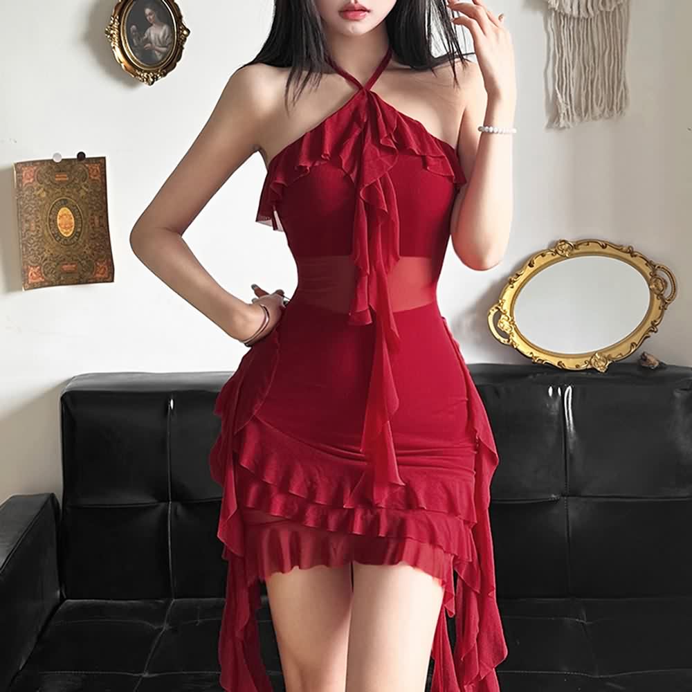 Mesh Halter Ruffle Tiered Mini Dress