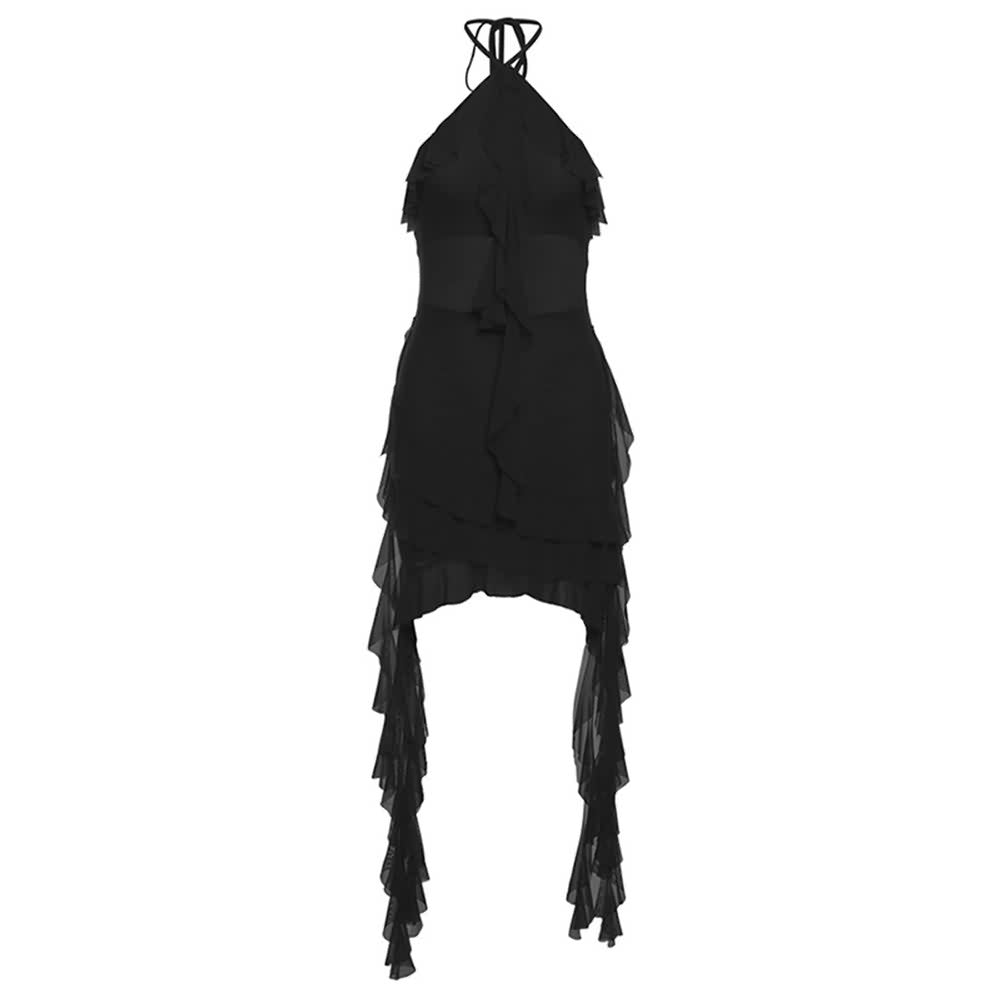 Mesh Halter Ruffle Tiered Mini Dress