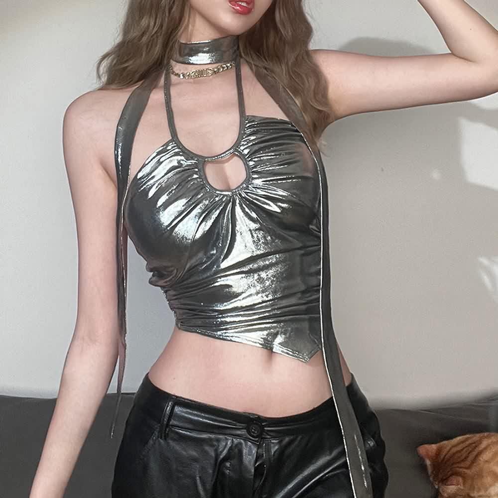 Metallic Leather Keyhole Neckline Halter Crop Top