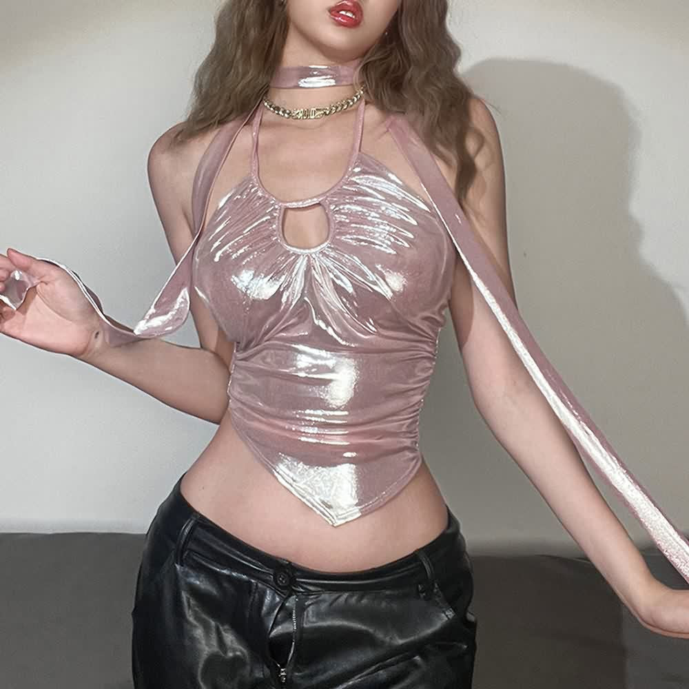 Metallic Leather Keyhole Neckline Halter Crop Top